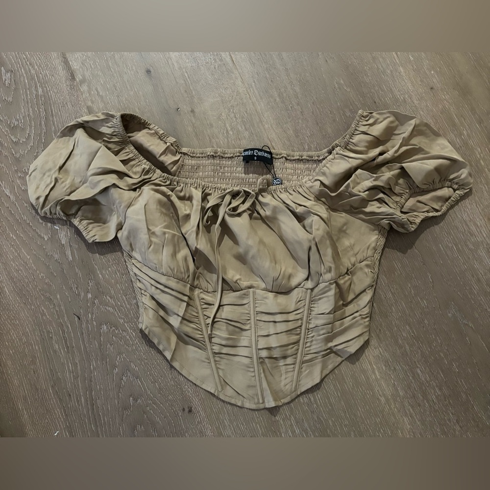 Corset Top square neck puff sleeves, Small, tan